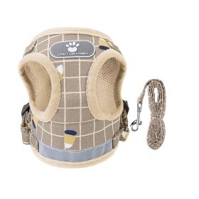 Pet Mesh Harness Dog Leash Set Reflective Chest Strap Adjustable Puppy Vest For Puppies Breeds Dogs Cats Walking Outdoor (Option: KhakiCheckered_L)